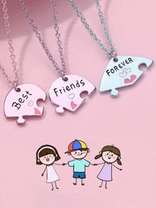 3 件/套女孩最好的朋友永恒之心拼图项链套装，彩色珐琅和哑光金/银色合金饰物，适合友谊日和珠宝礼物