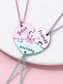 3 件/套女孩最好的朋友永恒之心拼图项链套装，彩色珐琅和哑光金/银色合金饰物，适合友谊日和珠宝礼物