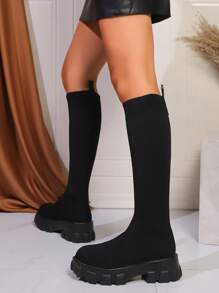 女士针织套脚弹力过膝长靴，搭配黑色连衣裙，秋冬季舒适透气粗跟优雅休闲黑色高筒靴，派对必备