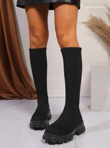 女士针织套脚弹力过膝长靴，搭配黑色连衣裙，秋冬季舒适透气粗跟优雅休闲黑色高筒靴，派对必备