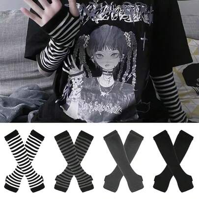 1 par de mangas para el brazo para deportes al aire libre, guantes sin dedos largos, guantes elásticos tejidos de longitud hasta el codo unisex, guantes largos de estilo gótico a rayas para cosplay anime, estilo punk callejero de hip hop