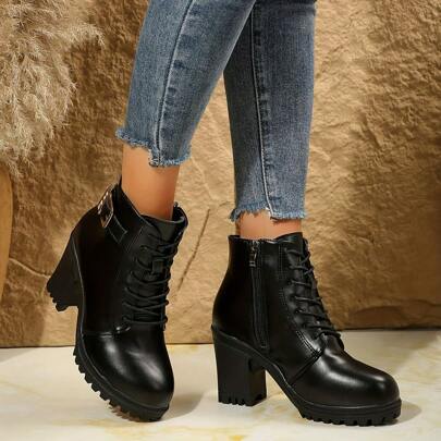 بوت رباط سميكة للنساء، بوت عمل مريحة بكعب سميك للخريف/الشتاء