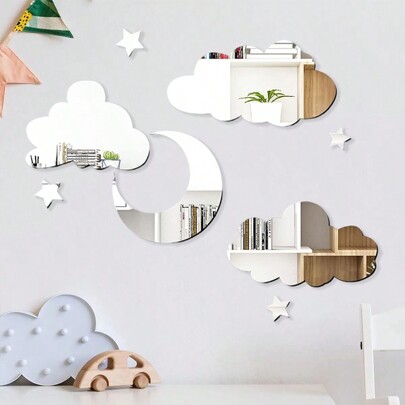 8Pcs/Set 3D Acrylic Cloud Star Moon Shape Mirror Wall Art Decor Removable Self Adhesive Decorative Cloud Mirror Stickers Decals For  For Baby Kids Children's Room, Wall, Door, Shelf Decoration