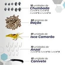 Kit Pesca Vara + Molinete Ultra Light + Maleta + Acessórios como isca camarão, boias, chumbadas, anzol, sino, canivete, ração e linha