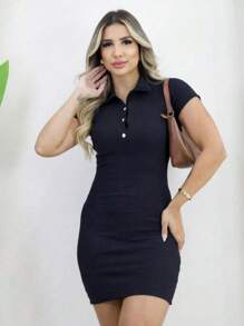 Ribbed Polo Neck Sheath Dress In Ribbed Knit/ Sheath Dresses - 黑色 - 查看 1