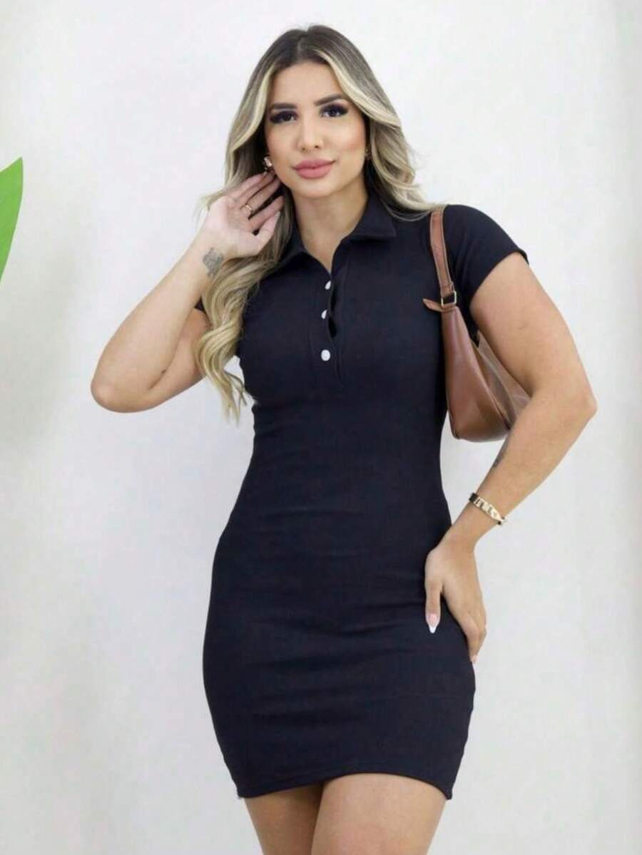 Ribbed Polo Neck Sheath Dress In Ribbed Knit/ Sheath Dresses - 黑色 - 查看 1