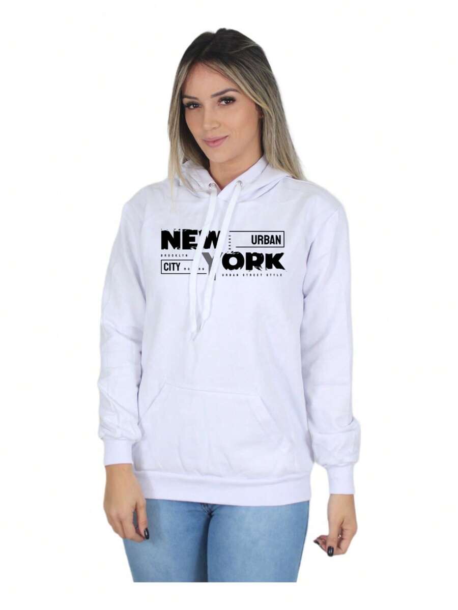 Women's Casual Sweatshirt Kangaroo Cold Weather Top New York Urban - 白色 - 查看 1