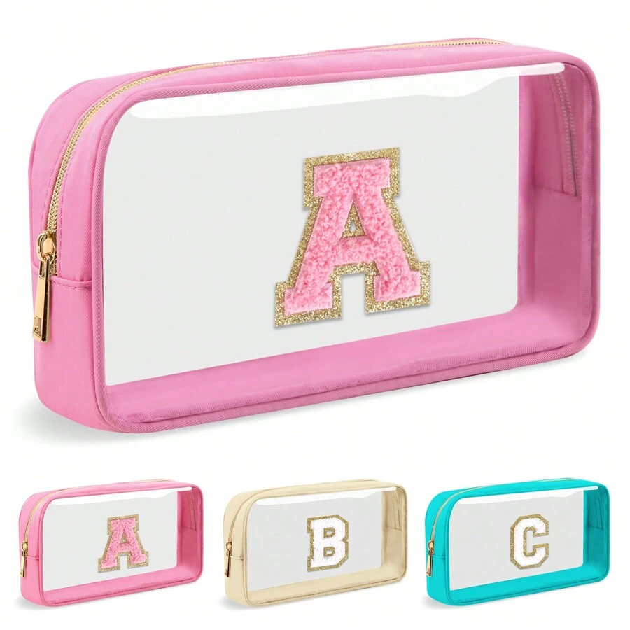 Personalized Initial Letter A-Z Clear Makeup Bag,Preppy Small Nylon&PVC Cosmetic Zipper Bag With Chenille Letter,Portable Beach Travel Skincare Toiletry Bag, Monogram Gift For Teen Girls Women,School Supplies,Christmas Gifts Make Up Bag