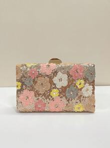 这款多色花卉斜挎包时尚独特，配有复古链条肩带，迷你盒形设计，适合派对女孩、新娘、大学生、年轻职业女性和上班族。可用于派对、舞会、婚礼等各种场合，与舞蹈配饰完美搭配，精致的花卉图案尽显女性魅力。粉色 - 珊瑚粉 - 查看 5