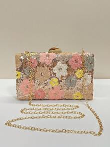 这款多色花卉斜挎包时尚独特，配有复古链条肩带，迷你盒形设计，适合派对女孩、新娘、大学生、年轻职业女性和上班族。可用于派对、舞会、婚礼等各种场合，与舞蹈配饰完美搭配，精致的花卉图案尽显女性魅力。粉色 - 珊瑚粉 - 查看 1