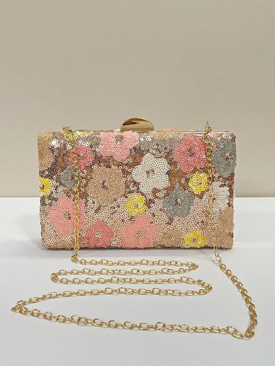 这款多色花卉斜挎包时尚独特，配有复古链条肩带，迷你盒形设计，适合派对女孩、新娘、大学生、年轻职业女性和上班族。可用于派对、舞会、婚礼等各种场合，与舞蹈配饰完美搭配，精致的花卉图案尽显女性魅力。粉色 - 珊瑚粉 - 查看 1