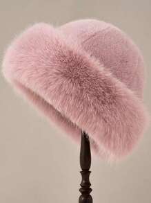 CHICVUE 1pc Women Winter Furry Hat, Thicker Design Bucket Hat, Warm Headwear, Solid Color Cute & Versatile Bucket Hat, Plush Mongolian Hat, Ladies Autumn And Winter Cold Warm Atmosphere With Cute Plush Hats Decor Gifts