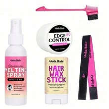 5 件装假发融化喷雾套装旅行装，包括：2 液量盎司/60 毫升蕾丝融化定型喷雾无胶液体粘合剂，适用于闭合接发，额外定型，自然成型，保护边缘，0.56 盎司/16 克发蜡棒，适用于卷发，强力定型，不油腻，抚平飞散，1.05 盎司/30 克边缘控制凝胶带刷，适用于婴儿头发，驯服边缘，蕾丝融化松紧带，自然头发造型工具套装