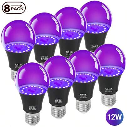 8 Pack UV Black Light Bulbs, Halloween A19 LED Black Light Bulbs For Glow In The Dark 12W (100W Equivalent) E27 Base, UVA Level 385-400nm Black Lights Party, Fluorescent Poster, Body Paint,Neon Glow