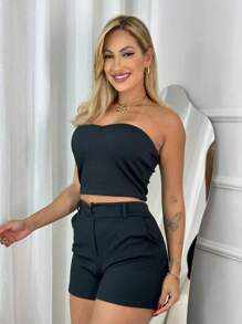 Cropped Set Strapless Heart + Shorts Button High Waist Ribbed Fabric Summer Warmth Casual Sensual Elegant Daytime Bloggers - 黑色 - 查看 1