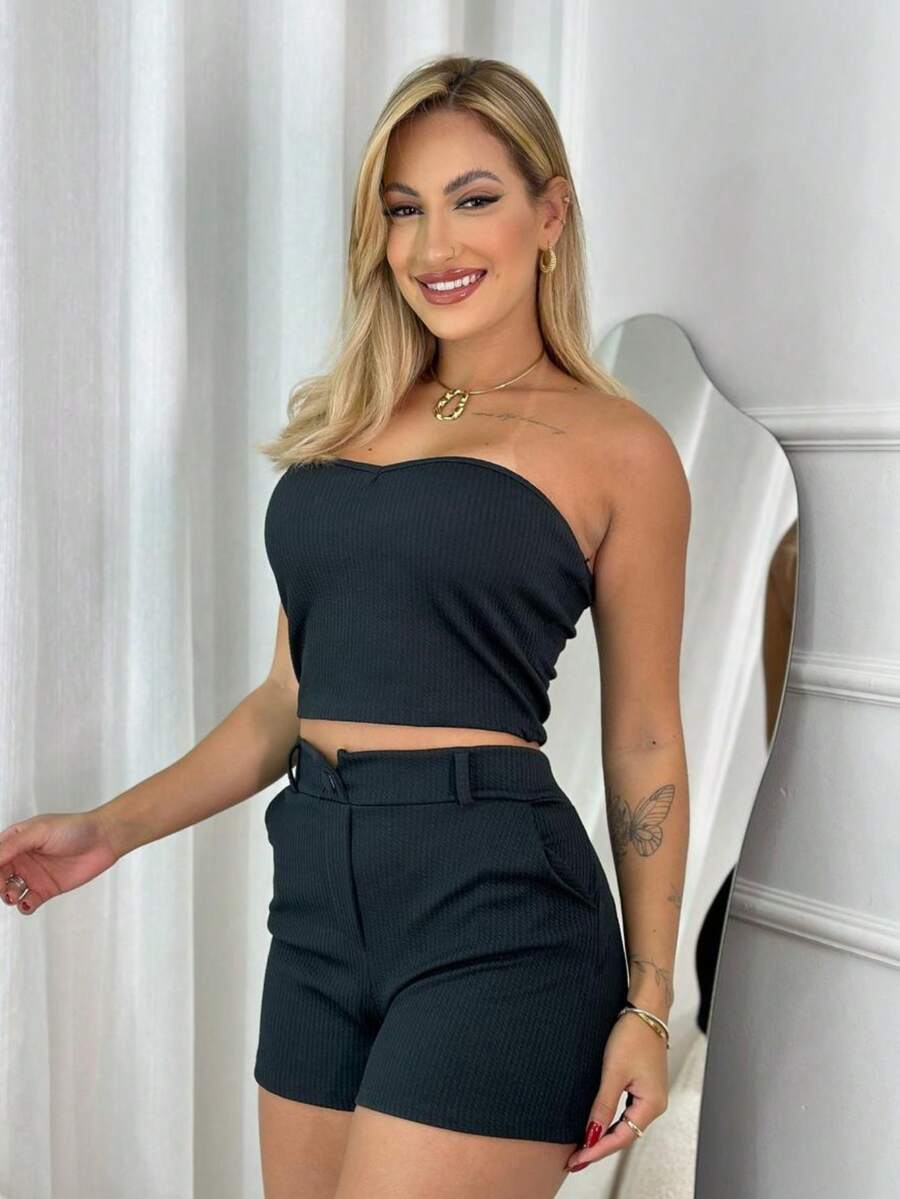 Cropped Set Strapless Heart + Shorts Button High Waist Ribbed Fabric Summer Warmth Casual Sensual Elegant Daytime Bloggers - 黑色 - 查看 1