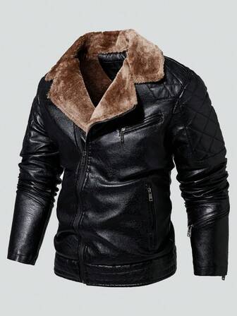Men's Outdoor Winter Plus Fleece Aviator PU Leather Jacket, Black Lapel Motorcycle Style Leather Jacket.