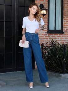 Women's Wide Leg High Waisted Jeans - 深色水洗藍 - 查看 5
