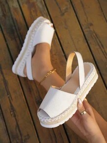Sandalias de tacón de plataforma y cuña para mujer, nuevas de verano, con punta redonda, tejido y suela gruesa, tallas grandes