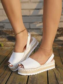 Sandalias de tacón de plataforma y cuña para mujer, nuevas de verano, con punta redonda, tejido y suela gruesa, tallas grandes