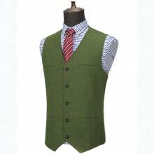 Mens Herringbone Tweed Suit Vest Four Pockets Retro Tweedy Wool Waistcoat - màu xanh lá - Xem 4