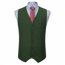 Mens Herringbone Tweed Suit Vest Four Pockets Retro Tweedy Wool Waistcoat - màu xanh lá - Xem 2