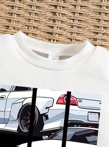 Young Boys Car Print Warm Sweatshirt And Pants Set - White - View 3