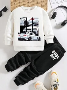 Young Boys Car Print Warm Sweatshirt And Pants Set - White - View 1