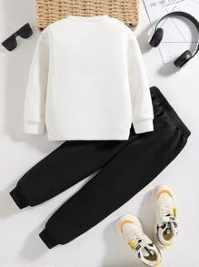 Young Boys Car Print Warm Sweatshirt And Pants Set - White - View 2
