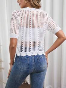 Wavy Hem, Hollow Out Crochet Short Sleeve Knit Cardigan Top, Sweet And Elegant Style, For Summer - White - View 2