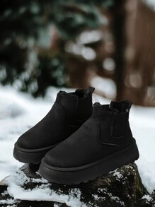 2025 Women's Ankle Boots, Thermal Lined, Thick Warm Boots, Slip-On, Elastic, Platform, Snow Boots, Suede, Short Tube, Round Toe, Simple, Durable, Non-Slip, Plus Size, Autumn/Winter