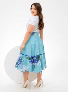 Sky Blue Floral Printed Midi Godet SKIRT Evangelical Christian Women's Fashion - Baby Blue - View 3