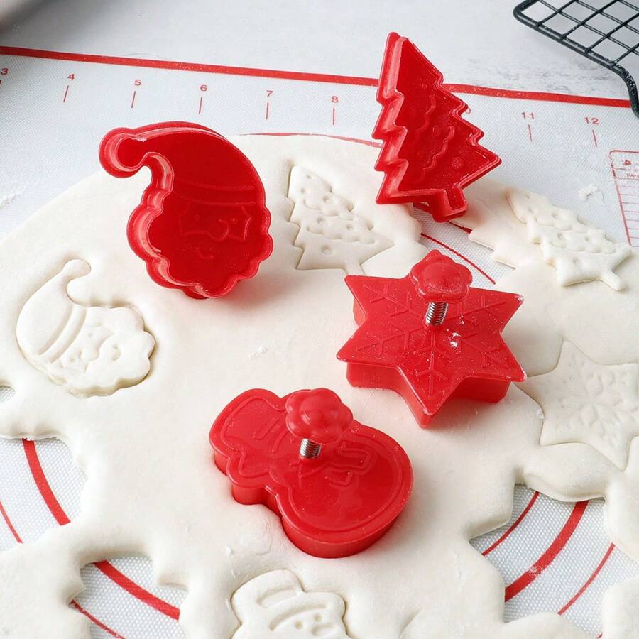 4pcs Christmas 3D Cartoon Plastic Cookie Cutters Set, Baking Molds For Cookies Christmas Decorations Christmas Decor Christmas Gifts Christmas Party Supplies - Multicolor - View 1