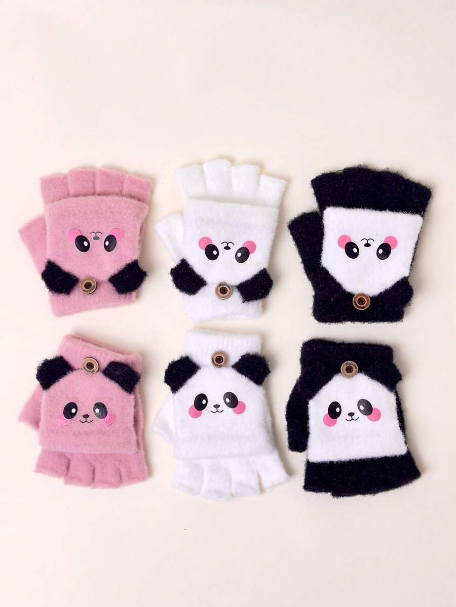 1 双儿童中性熊猫图案保暖翻指露指毛绒手套,适合秋冬季 - 1Pair - 查看 1