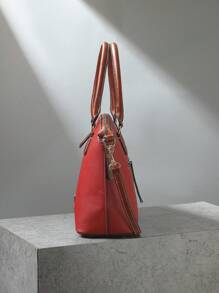 Refined Top Handle Zipper Satchel, Fashion-Forward Womens Textured PU Leather Bag For Everyday Style,Timeless Vintage Western Handbag - Eye-Catching Colorblock Design - 紅色 - 查看 4