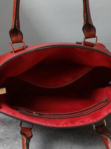 Refined Top Handle Zipper Satchel, Fashion-Forward Womens Textured PU Leather Bag For Everyday Style,Timeless Vintage Western Handbag - Eye-Catching Colorblock Design - 紅色 - 查看 6