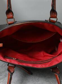 Refined Top Handle Zipper Satchel, Fashion-Forward Womens Textured PU Leather Bag For Everyday Style,Timeless Vintage Western Handbag - Eye-Catching Colorblock Design - 黑色 - 查看 6