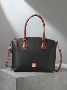 Refined Top Handle Zipper Satchel, Fashion-Forward Womens Textured PU Leather Bag For Everyday Style,Timeless Vintage Western Handbag - Eye-Catching Colorblock Design - 黑色 - 查看 1