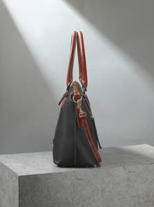 Refined Top Handle Zipper Satchel, Fashion-Forward Womens Textured PU Leather Bag For Everyday Style,Timeless Vintage Western Handbag - Eye-Catching Colorblock Design - 黑色 - 查看 4