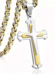 Minimalist 3-Layer Cross Pendant Necklace With Stainless Steel Chain, Fashionable Amulet Jewelry Party Accessory Gift - Necklace - View 4