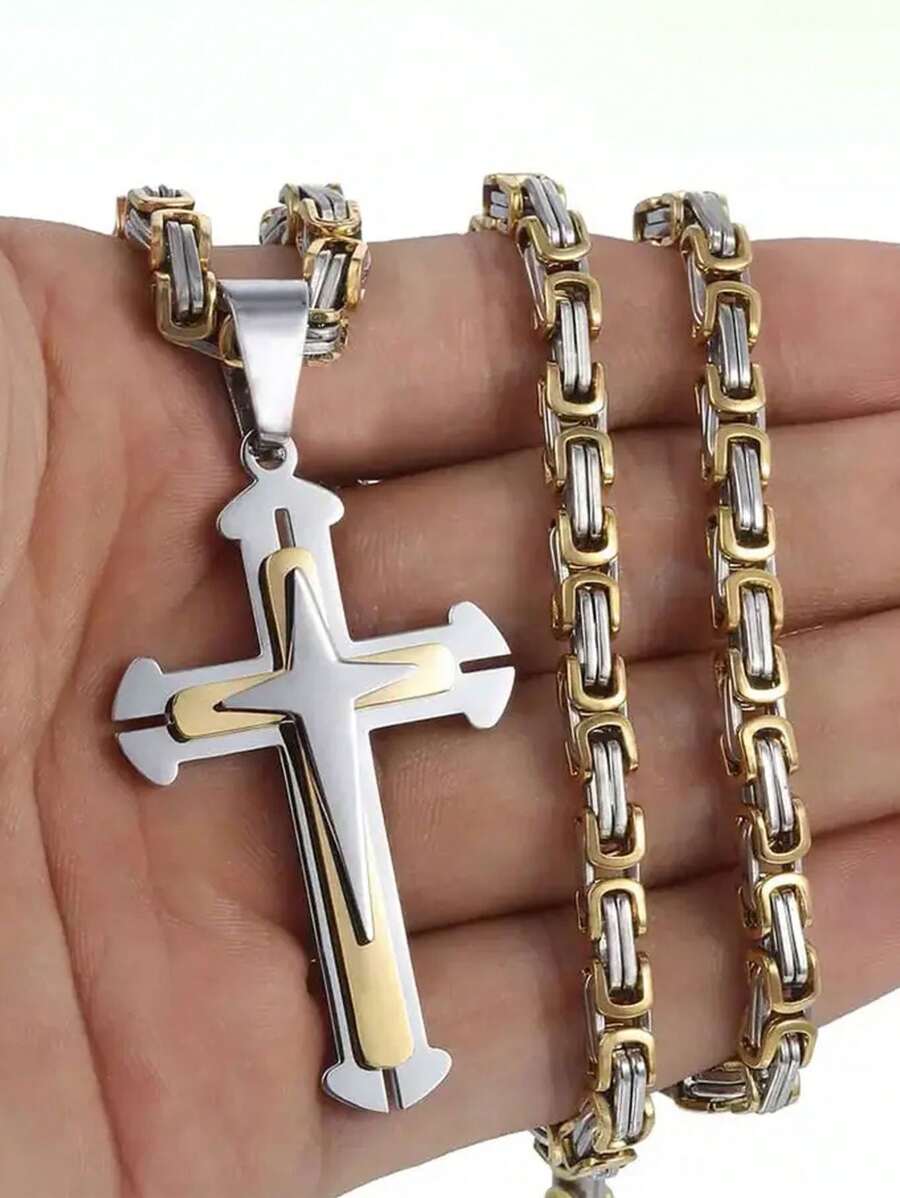 Minimalist 3-Layer Cross Pendant Necklace With Stainless Steel Chain, Fashionable Amulet Jewelry Party Accessory Gift - Necklace - View 1