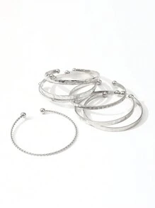 7件套欧美风格手镯套装，锤纹、箭头、花卉、夸张六芒星设计，扭开式手镯，珠宝礼品 - 銀色 - 查看 5