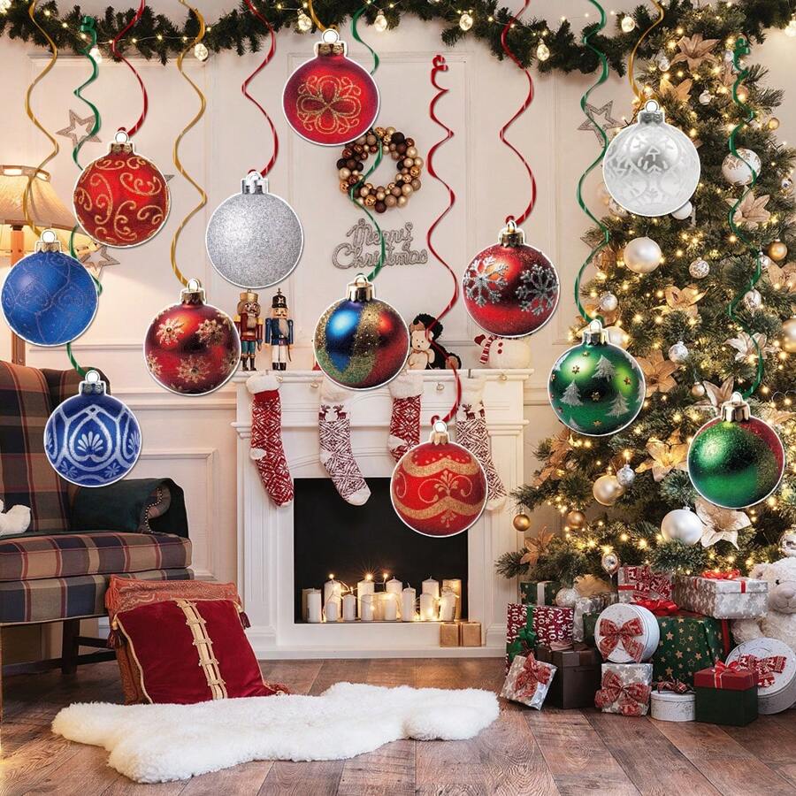 12 pezzi Decorazioni natalizie appese a soffitto (articoli di carta) Fette di palline di Natale Decorazioni a spirale ritagliate per feste di Natale, portico, casa interna ed esterna, forniture e decorazioni natalizie - Multicolore - Visualizzare 1