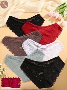 FINETOO 6pcs/Set Ladies' Solid Color Lace Splicing Cross Band Hollow Out Semi-Transparent Sexy Triangle Panties - Multicolor - View 7