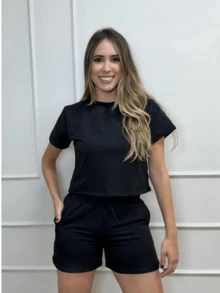 Women's Set Of Shorts And Cropped Sweatshirt Top - Black - View 1