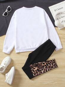 2pcs Tween Girl Casual Cartoon Portrait & Letter Print Long Sleeve Sweatshirt And Leopard Spliced Pants Outfit, Autumn - White - View 8