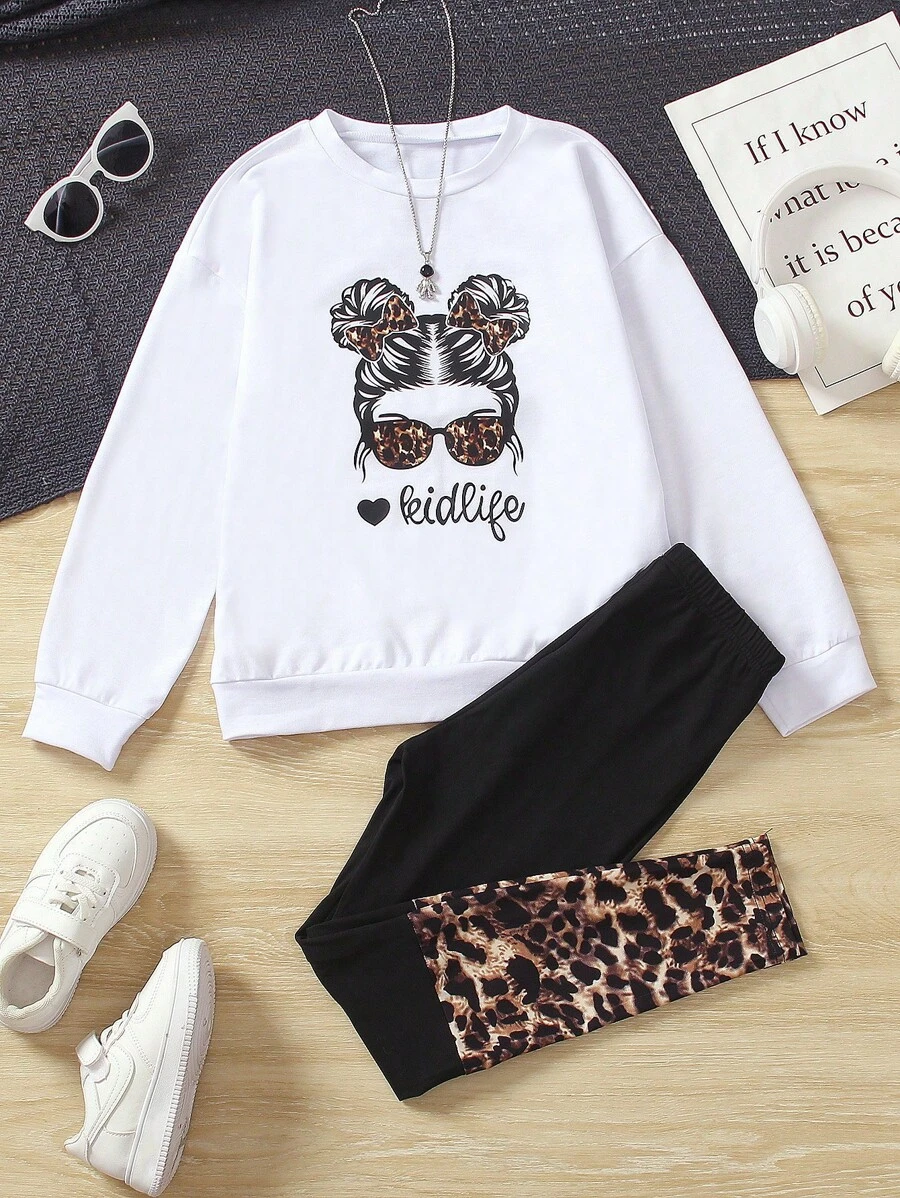 2pcs Tween Girl Casual Cartoon Portrait & Letter Print Long Sleeve Sweatshirt And Leopard Spliced Pants Outfit, Autumn - White - View 1