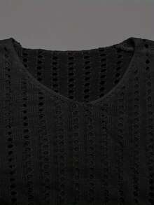 镂空钩针波西米亚风格沙滩罩衫裙，短袖纯色 V 领侧开叉连衣裙束腰外衣（不含比基尼），女士泳装和服装夏季 - 黑色 - 查看 5