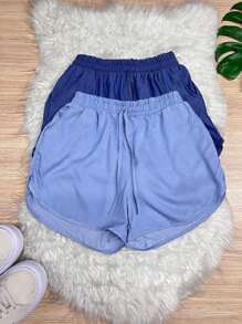 Kit2 Slim Denim Shorts With Elastic Waistband And Plain - Rửa nhẹ - Xem 2