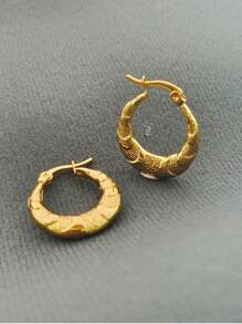 1/6对不锈钢镀18K金蛇皮纹理油压戒指耳环，时尚简约耳环，节日庆典的理想之选 - 金色 - 查看 1